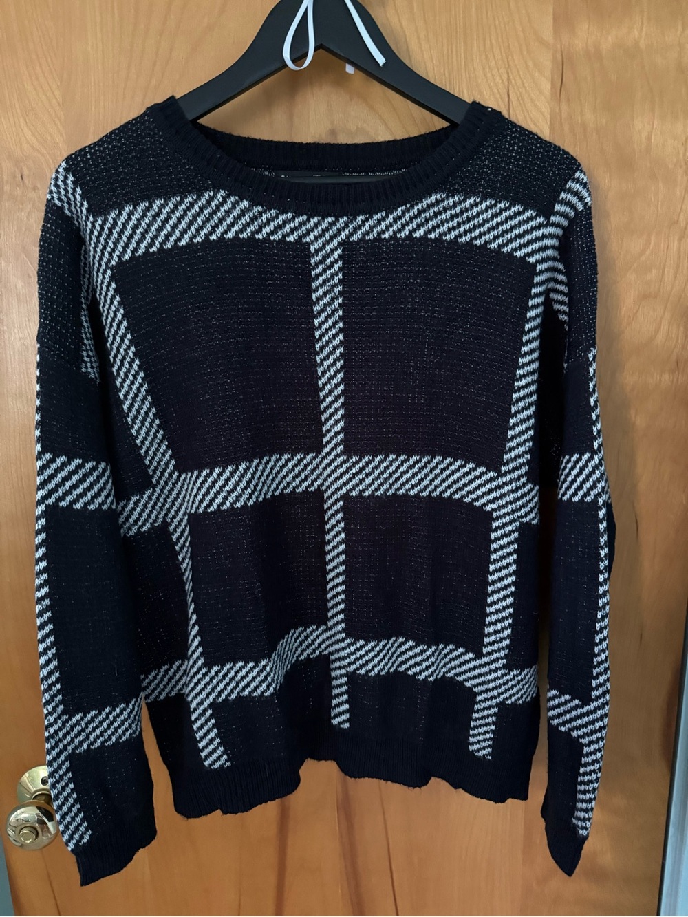 Men's Black and White Windowpane Crewneck Sweater
